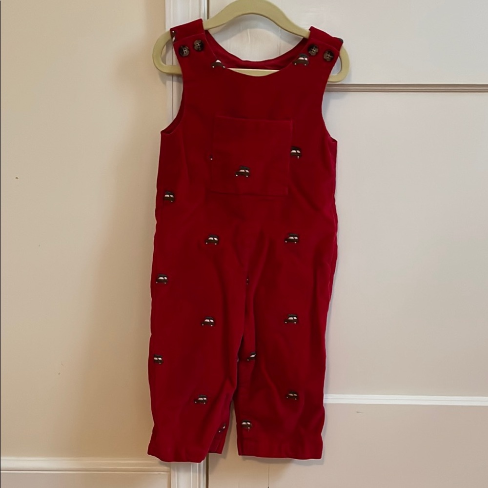 Red Kids Christmas Corduroy Overalls with Embroidered Cars